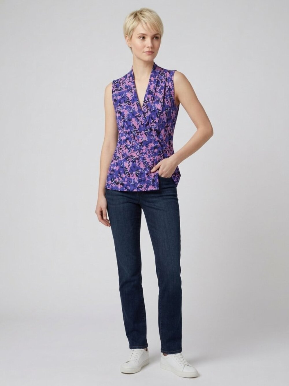 TAHARI Floral Print Sleeveless Wrap Top Purple Pink Medium #A4508